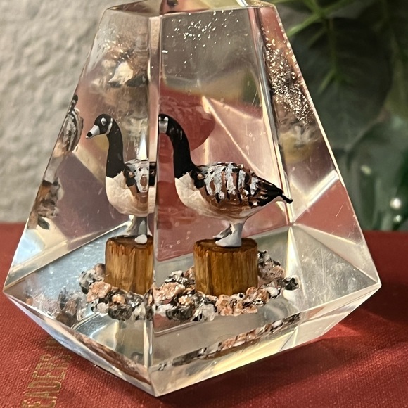 Clear Lucite Hand Carved Wood Rouge Duck MCM DESK Paper Weight Made in Canada - Picture 2 of 10